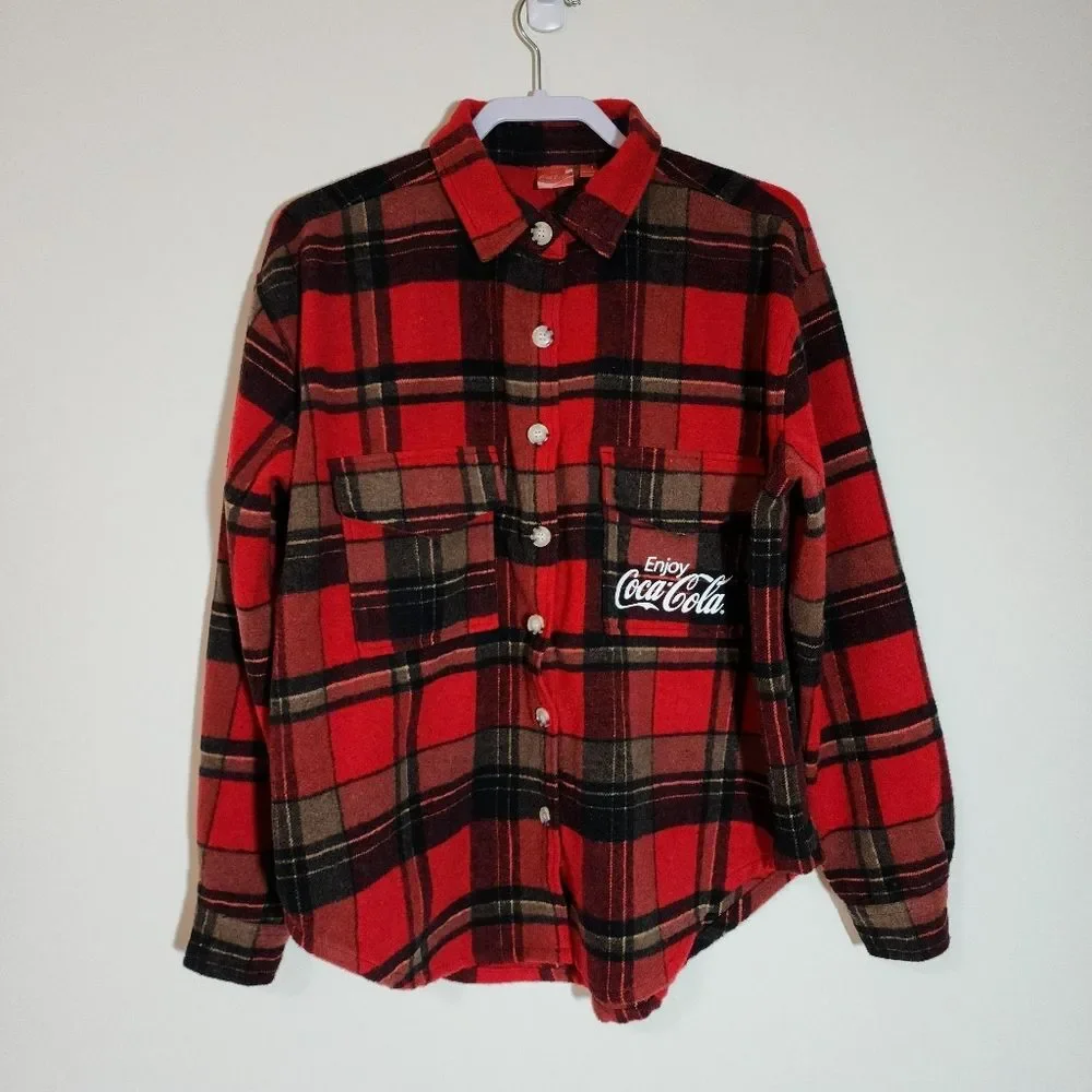 Enjoy Coca-Cola Flannel Lumberjack Shirt Red Black Plaid Wool-Blend Women's Sz L - Picture 1 of 8